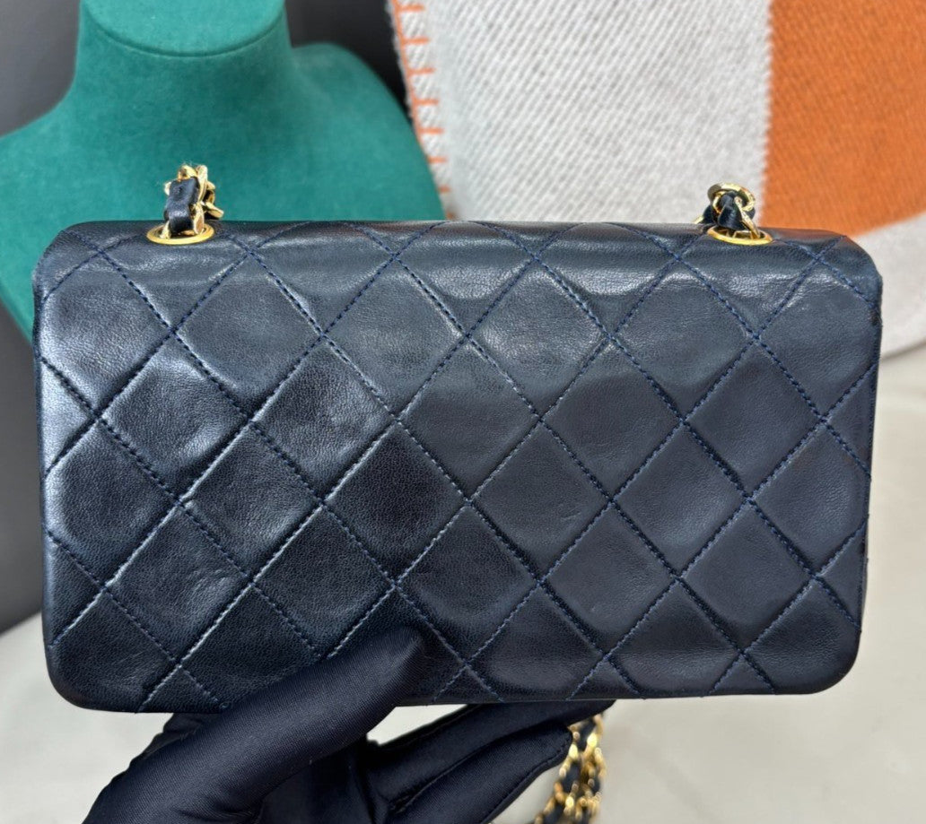Chanel Lambskin Chain Shoulder Bag Crossbody Blue Gold Women Classic