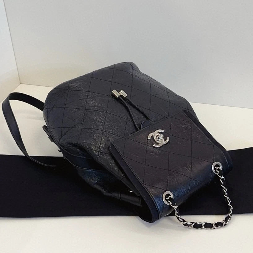 Chanel Diamond Backpack Black Silver Used Women Classic Fashion