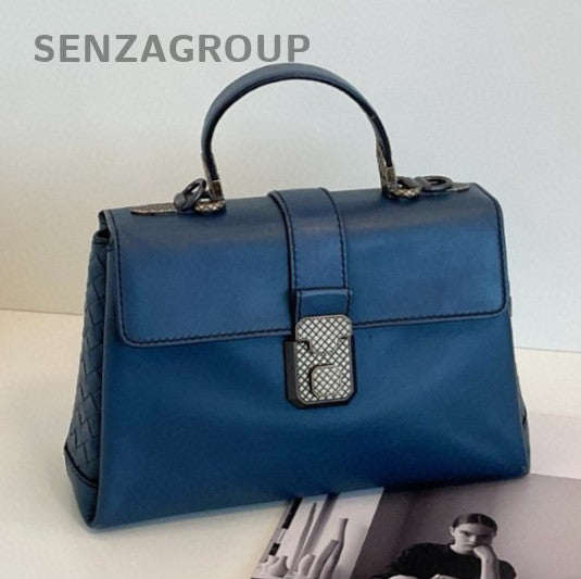 Bottega Veneta Piazza Top Handle Bag Blue Silver Used Women Classic