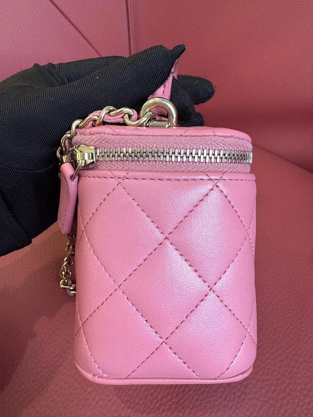 Chanel Diamond Chain Crossbody Top Handle Bag Pink Gold Women Classic