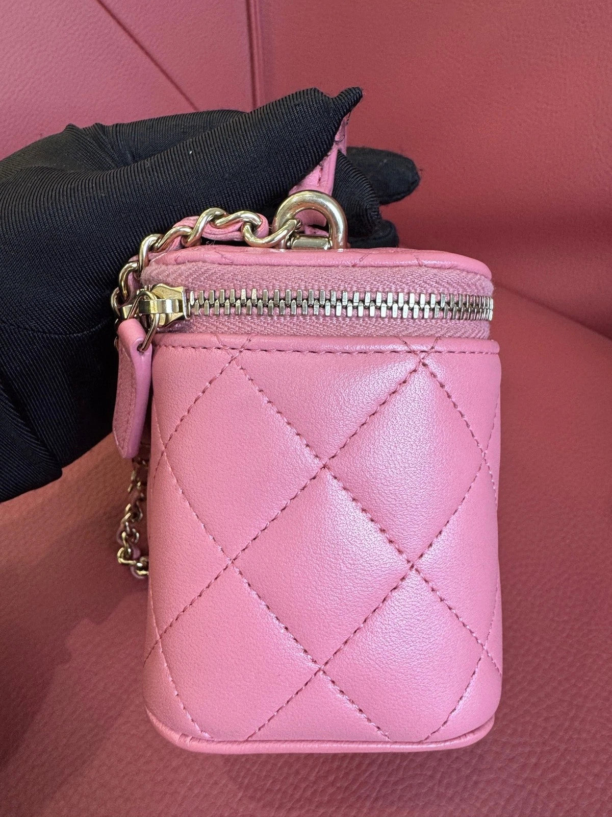 Chanel Diamond Chain Crossbody Top Handle Bag Pink Gold Women Classic