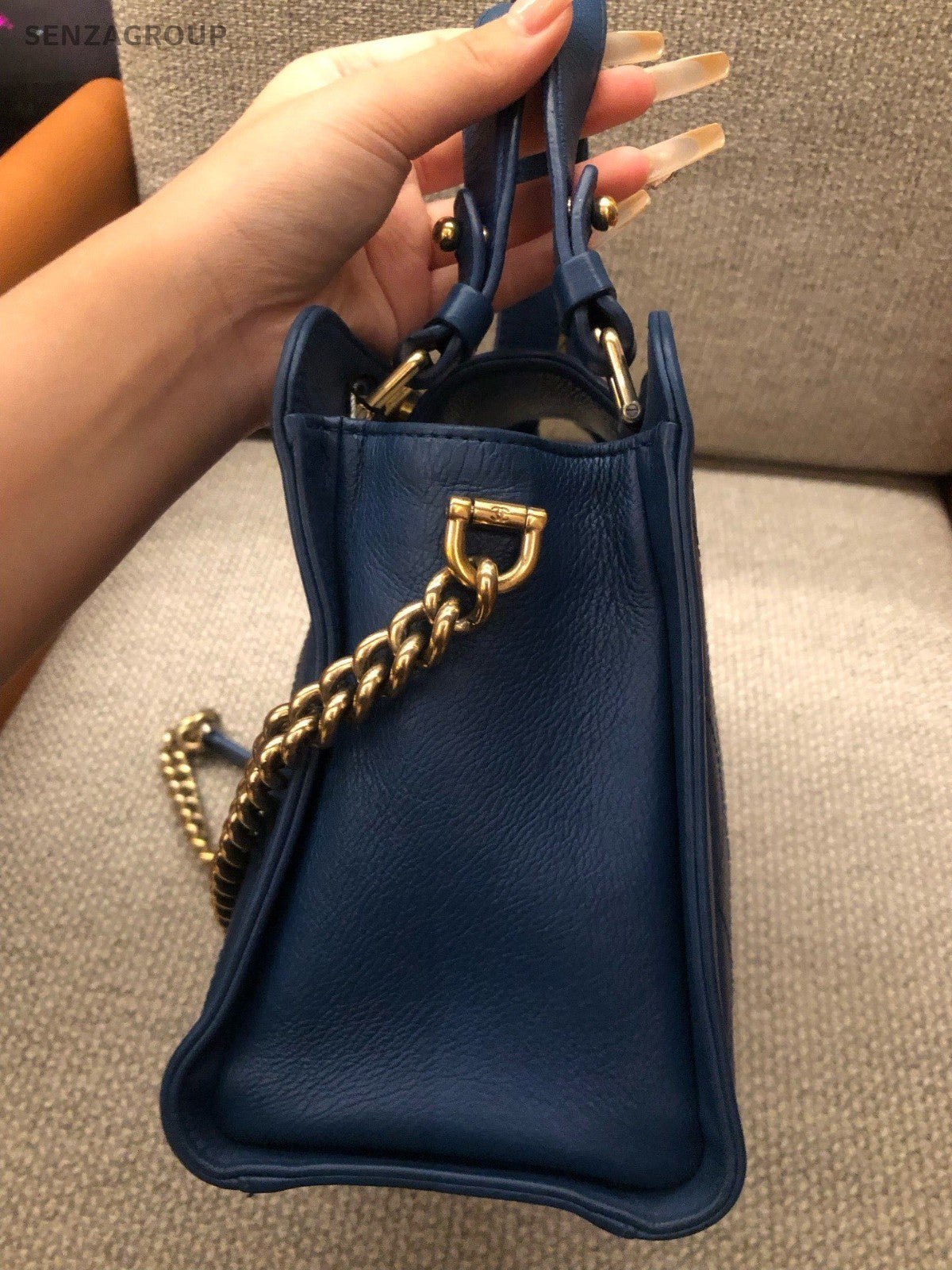 CHANEL Vintage Top Handle Diamond Pattern Handbag Blue Gold Women