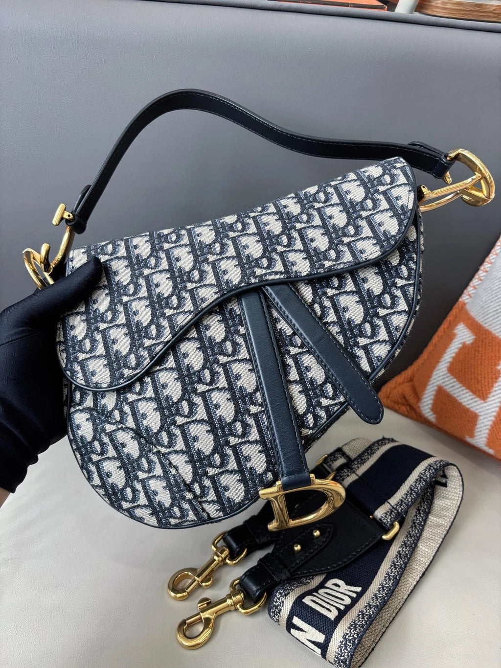Dior Saddle Gold Blue Shoulder Bag Crossbody Excellent