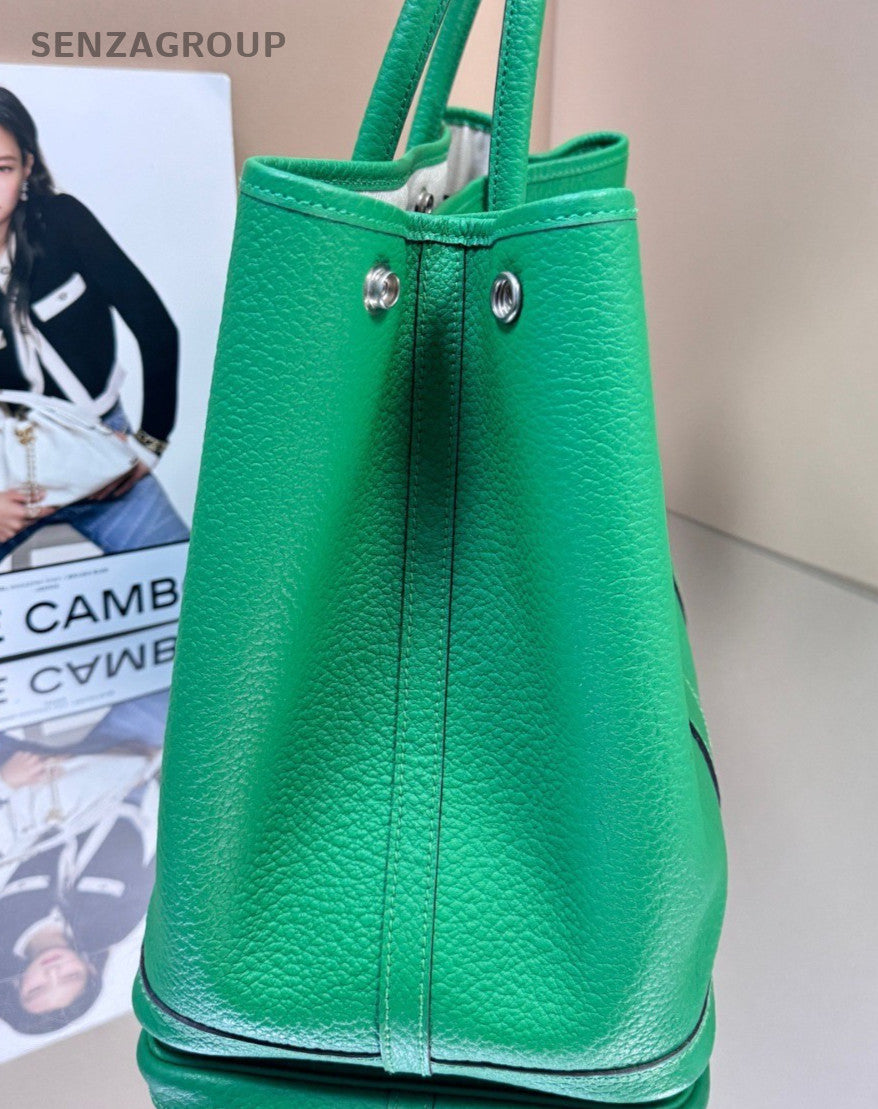 Hermes Garden 36 Silver Metal Top Handle Bag Green Women Designer Canvas