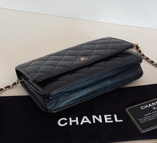 Chanel WOC Diamond Chain Shoulder Bag Crossbody Black Gold Women Classic