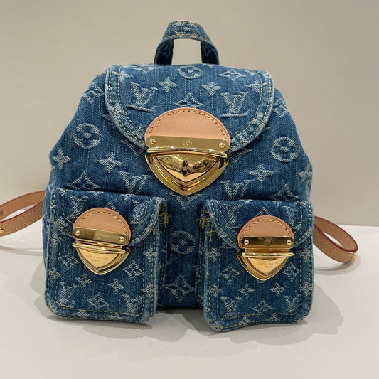 Louis Vuitton Denim Monogram Backpack Blue Gold Buckle Women's Classic