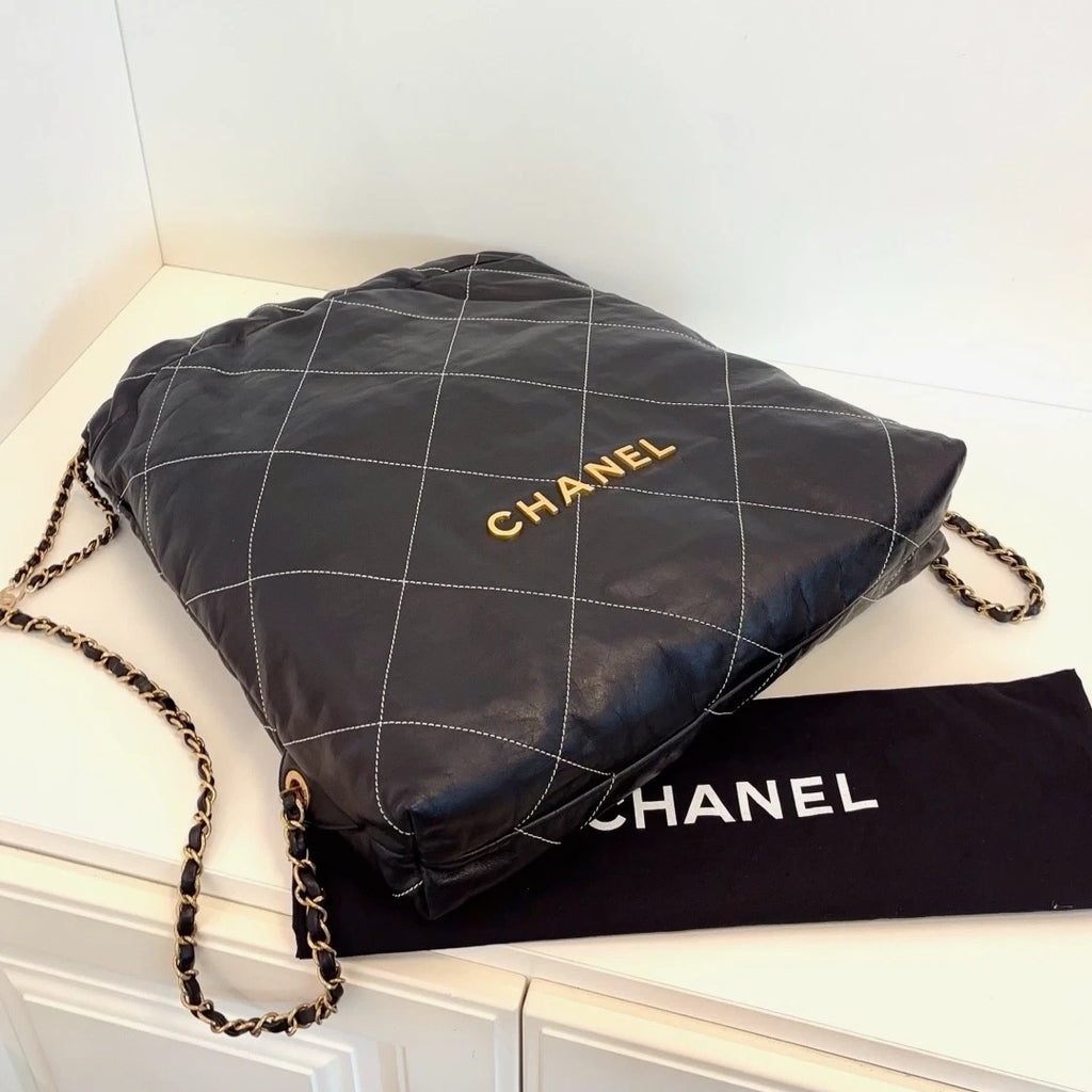 Chanel 22Bag Chain Backpack Black Gold Diamond Women Classic