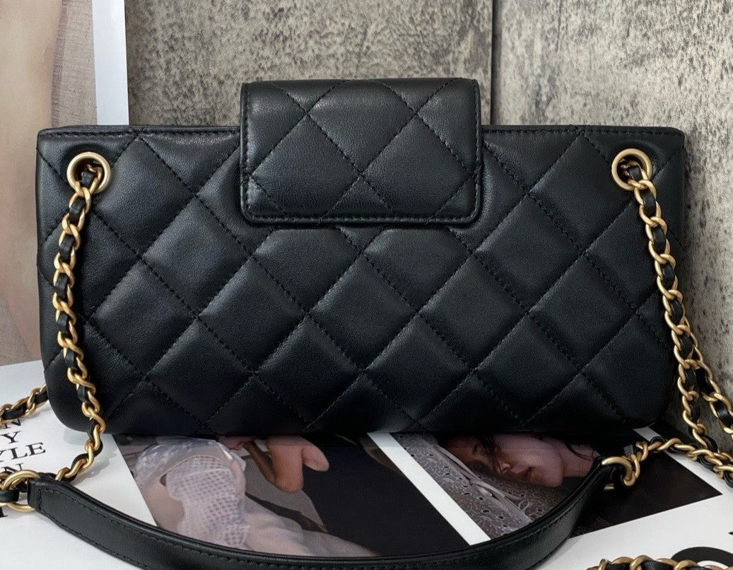 Chanel Classic Flap 24C Lambskin Chain Crossbody Shoulder Bag Black Gold Women
