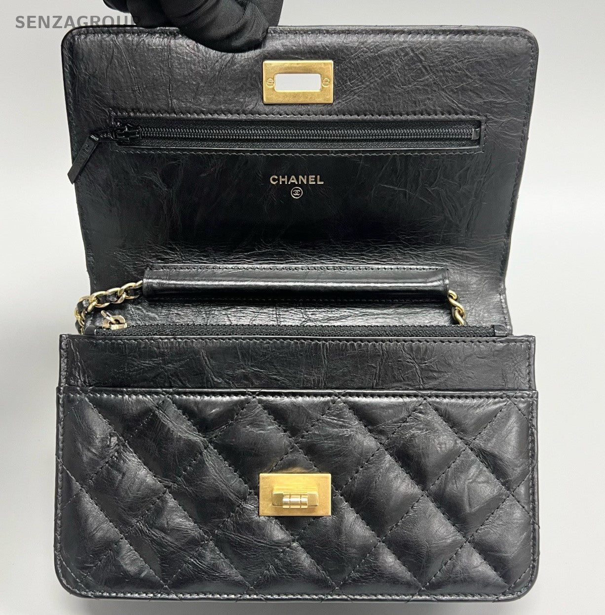 Chanel 2.55 WOC Chain Shoulder Bag Crossbody Black Gold Diamond Women Classic