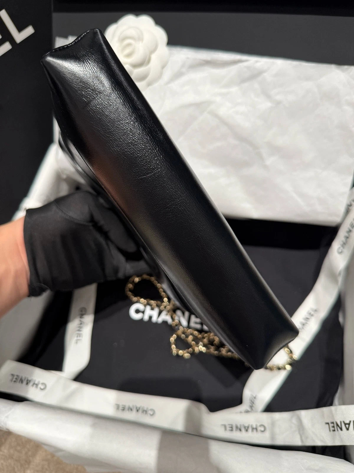 CHANEL Nano 31 Bag Black Gold Leather Tote Bag For Women