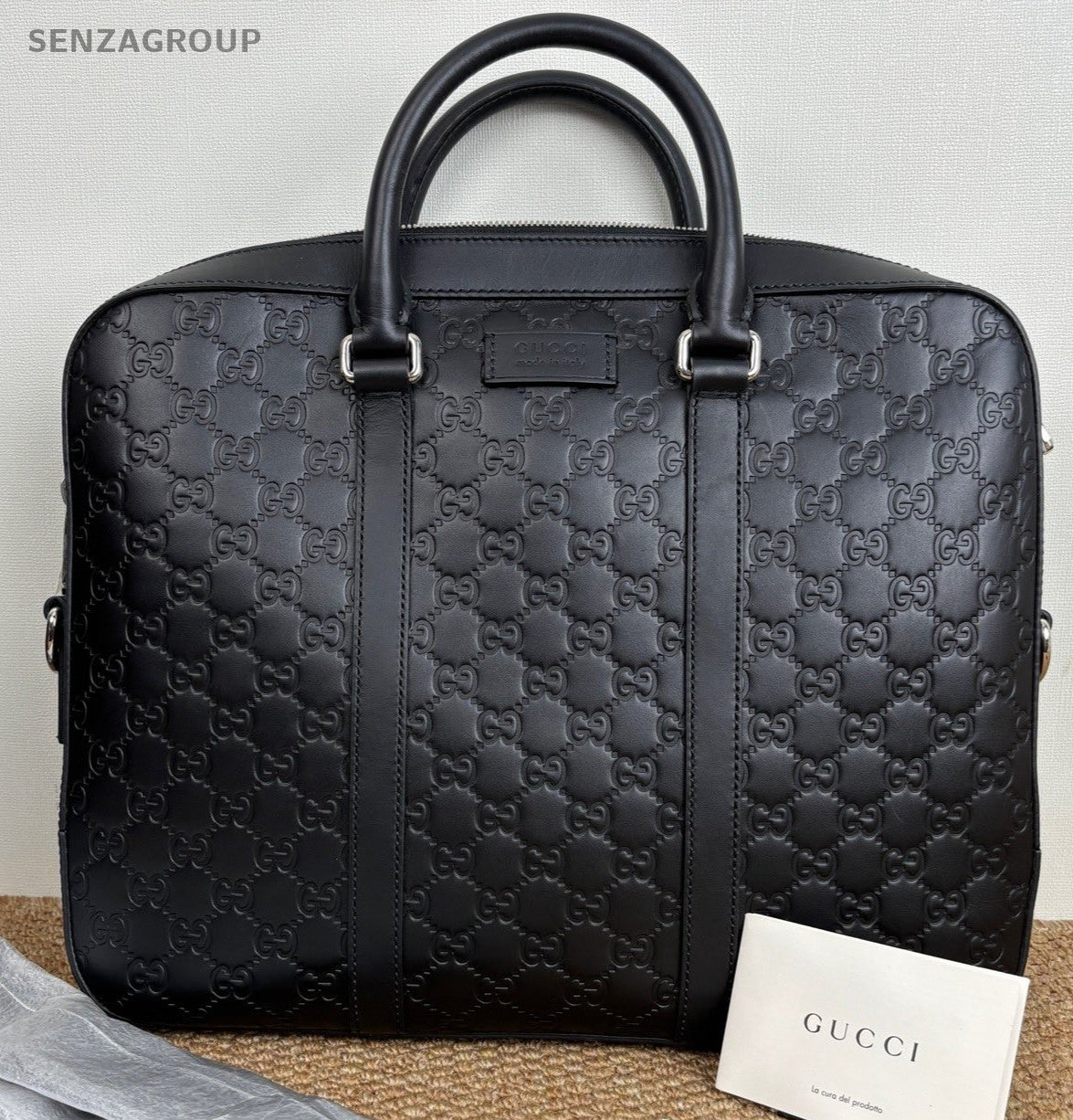Gucci Signature Calfskin Satchel Handbag Black Silver Unisex Adults Classic