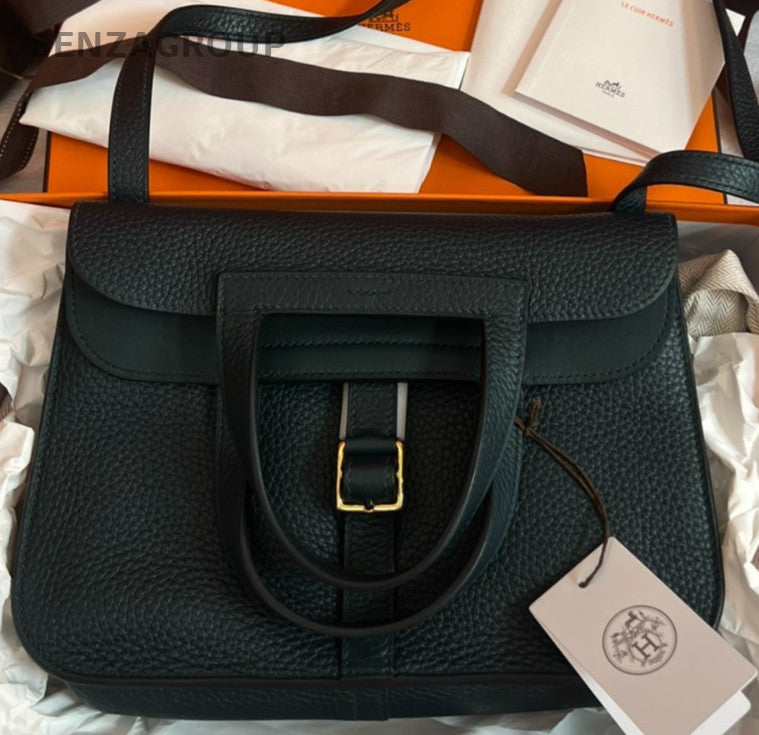 Hermes Halzan25 TC Leather Top Handle Shoulder Bag Green Gold Used Women Classic