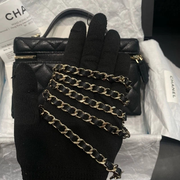 Chanel Vanity Case Chain Calfskin Top Handle Shoulder Bag Black Gold Women D