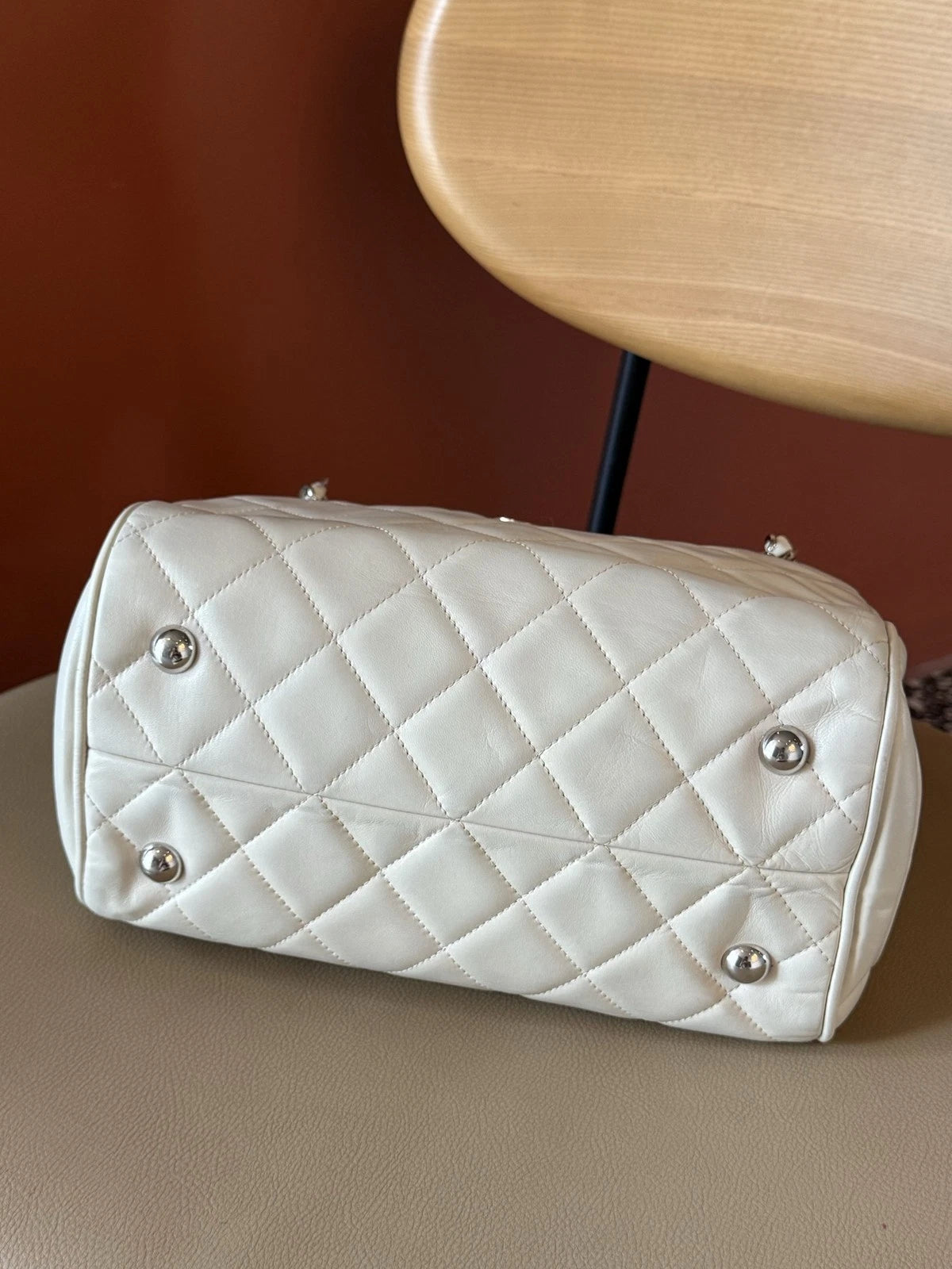 Authentic Chanel Bowling Lambskin Chain Shoulder Bag White Silver Hardware