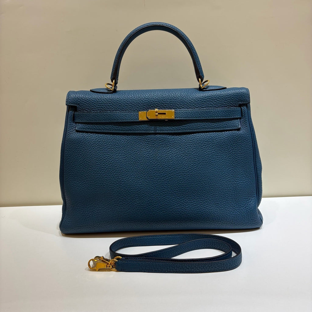 Hermes Kelly35 Top Handle Shoulder Bag Crossbody Blue Gold Women Classic Fashion