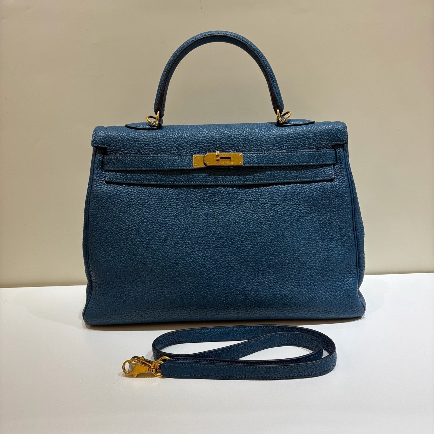 Hermes Kelly35 Top Handle Shoulder Bag Crossbody Blue Gold Women Classic Fashion
