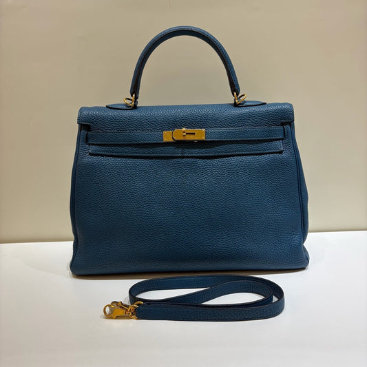 Hermes Kelly35 Top Handle Shoulder Bag Crossbody Blue Gold Women Classic Fashion