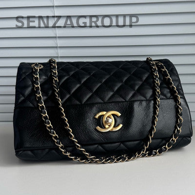 Chanel Black Gold Quilted Accordion Chain Shoulder Bag Classic Women