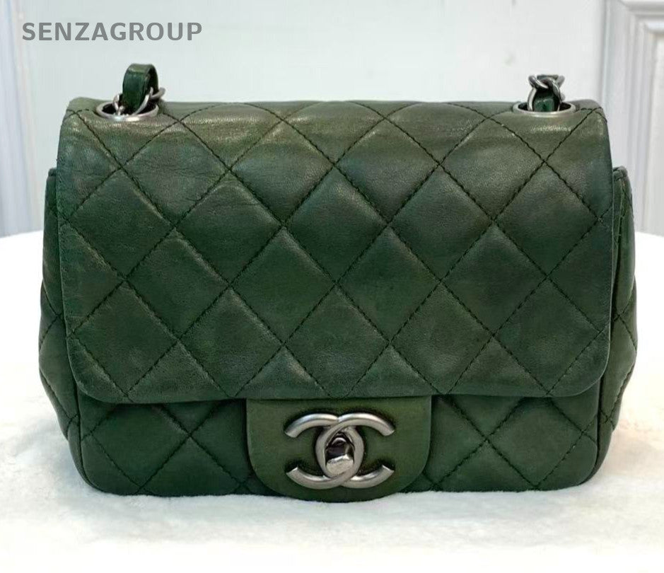 Chanel Classic Flap Mini Lambskin Chain Shoulder Bag Green Silver Women Diamond