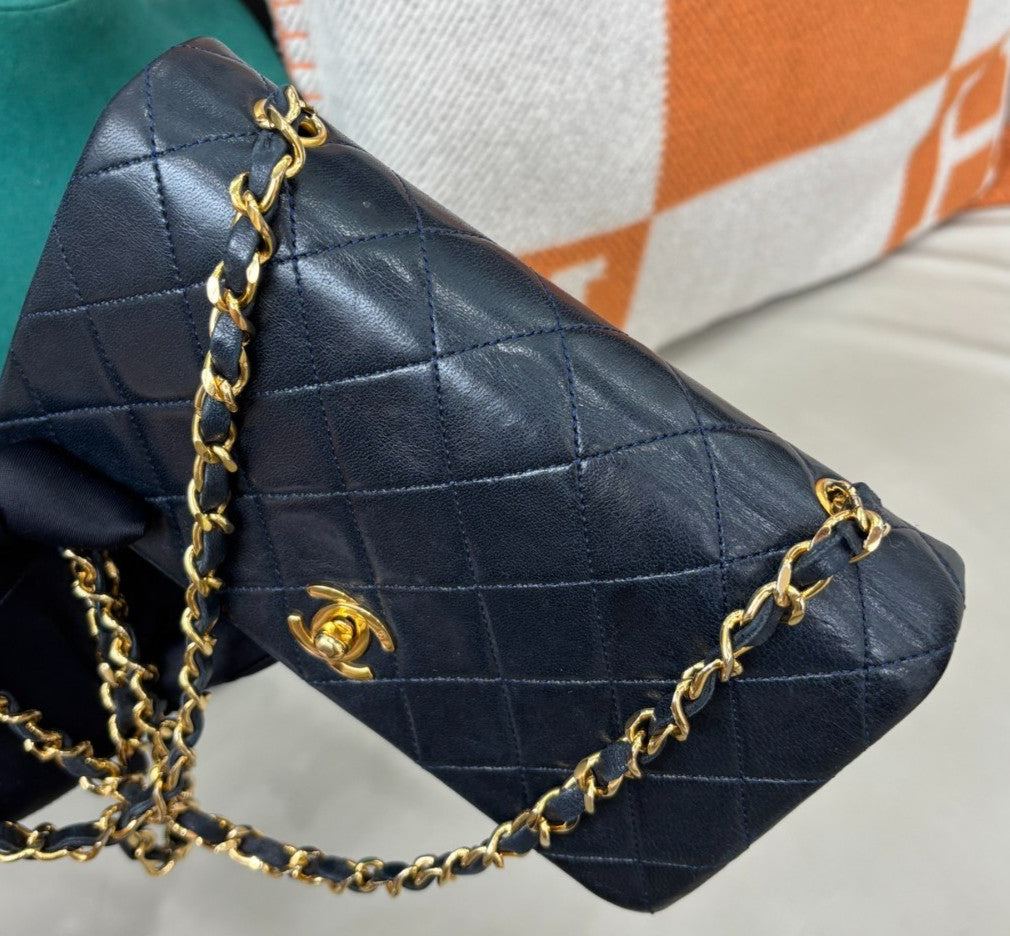 Chanel Lambskin Chain Shoulder Bag Crossbody Blue Gold Women Classic