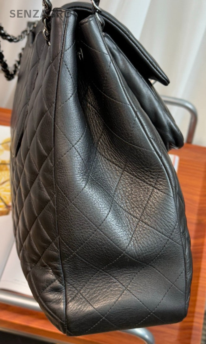 Chanel Tote Calfskin Chain Shoulder Bag Black Silver Diamond Pattern Used Women