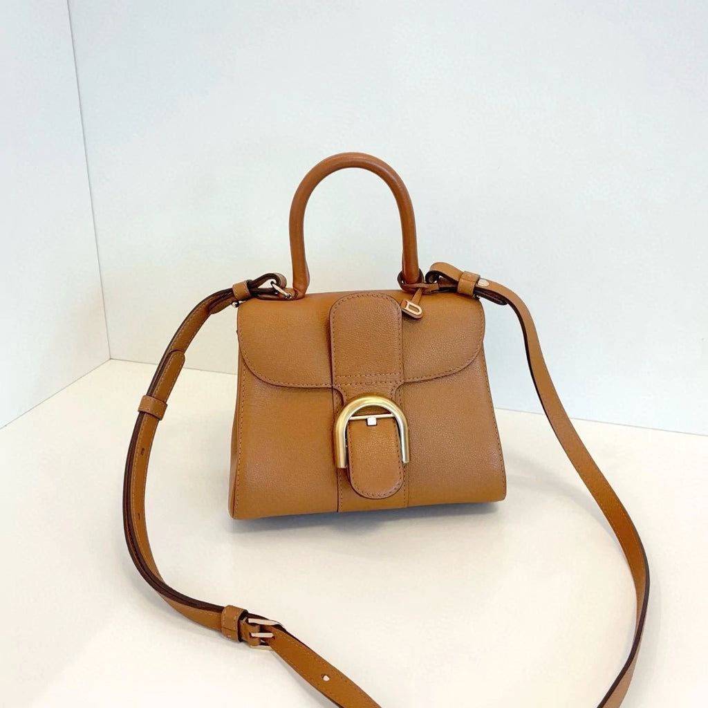 Delvaux Brillant Calfskin PM Top Handle Crossbody Brown Gold Women Classic