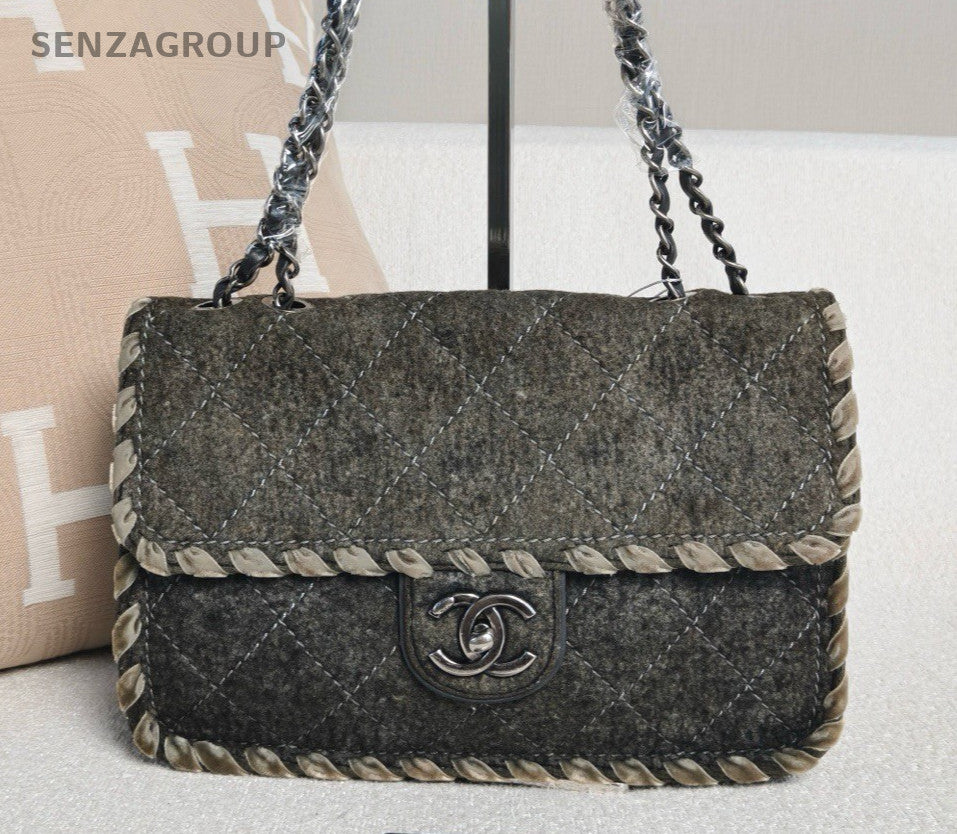 Chanel Classic Flap Velvet Woven Chain Shoulder Bag Crossbody Black Silver Women