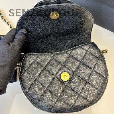 Chanel 23P Quilted Black Caviar Leather Saddle Bag with Chain Strap