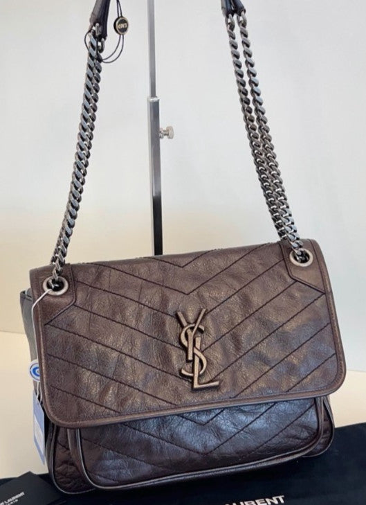 Saint Laurent Niki Bag MM Chain Shoulder Bag Brown Silver Used Women Classic