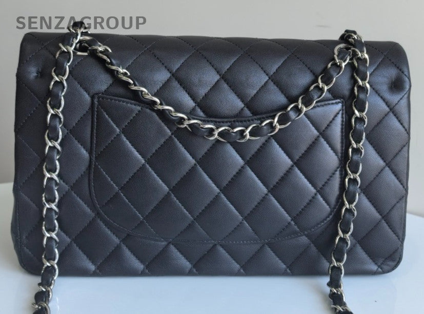 Chanel Classic Flap MM Lambskin Chain Shoulder Bag Black Silver Women Designer