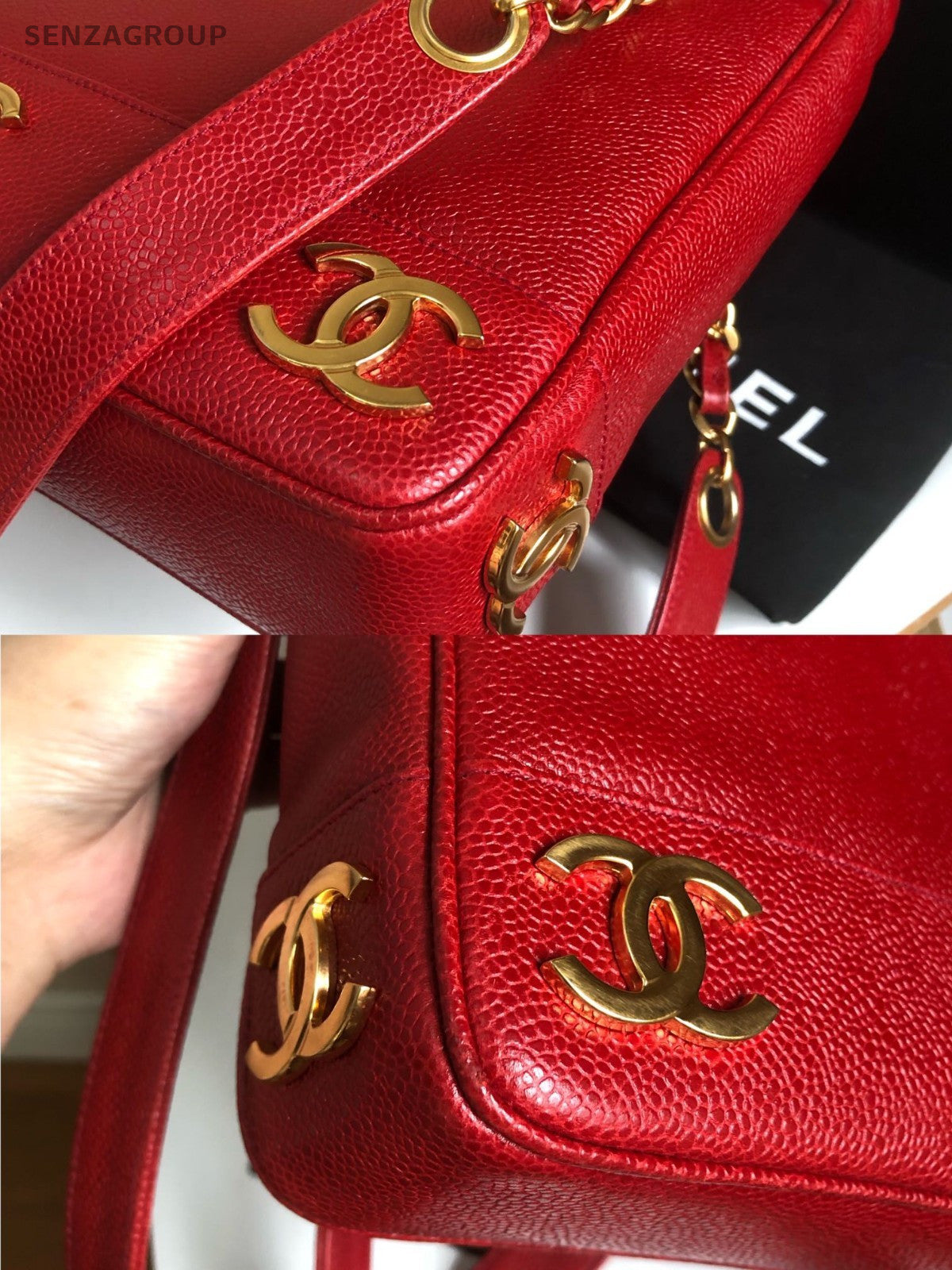 CHANEL Red Gold caviar single-shoulder bag eight logos Women