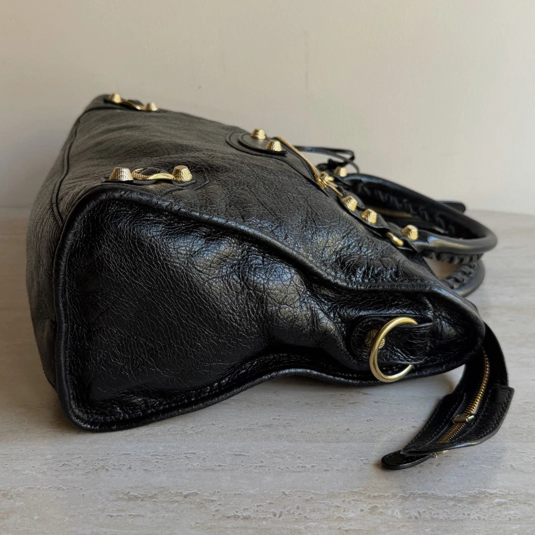 Balenciaga City MM Black 2Way Handbag Crossbody Gold Hardware