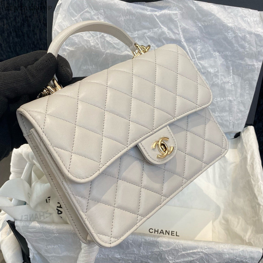 Chanel Diamond Lambskin Chain Crossbody Top Handle Bag Gray Gold Women Classic