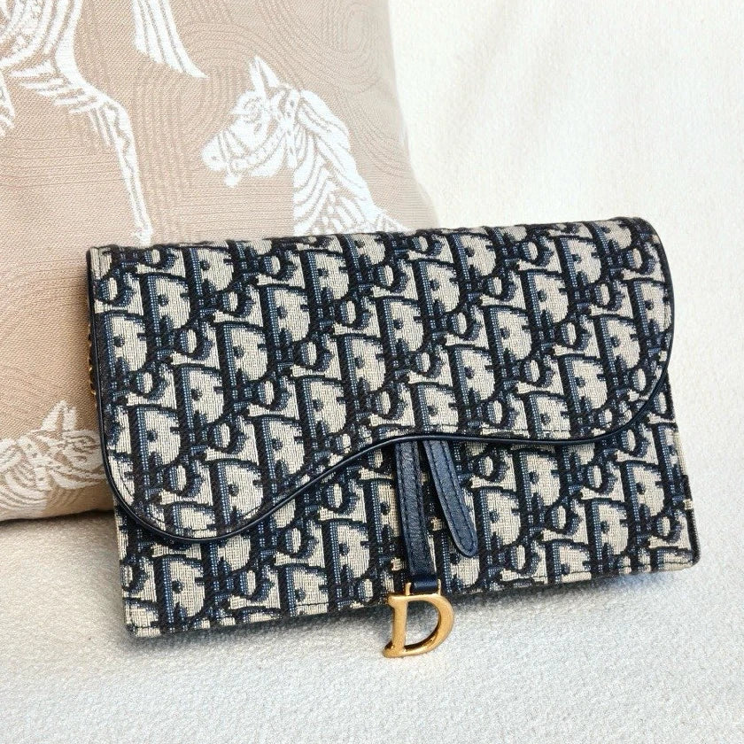Christian Dior WOC Oblique GM Chain Shoulder Crossbody Blue Gold Women Classic