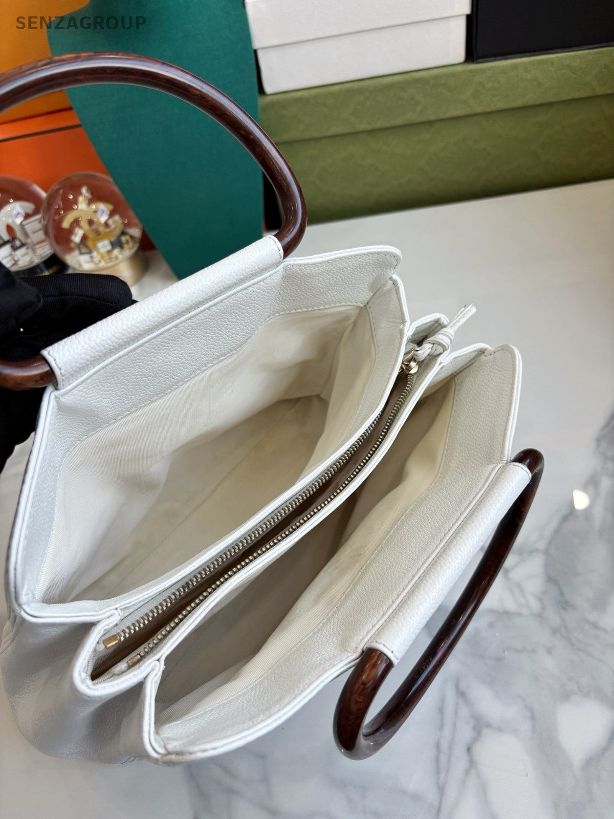 CHANEL CC Top Handle Pear blossom wood handle Handbag Calfskin White Women