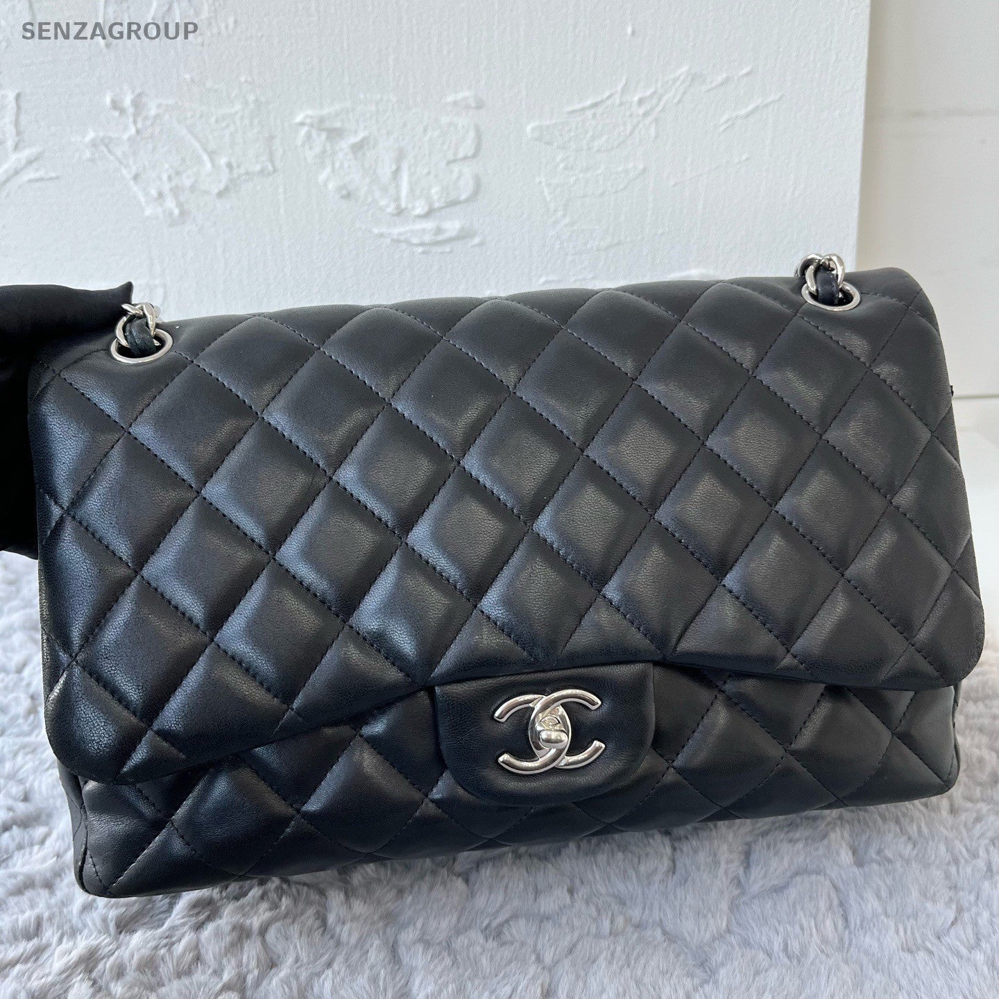 Chanel Classic Flap Jumbo Lambskin Chain Shoulder Bag Black Silver Women Fashion