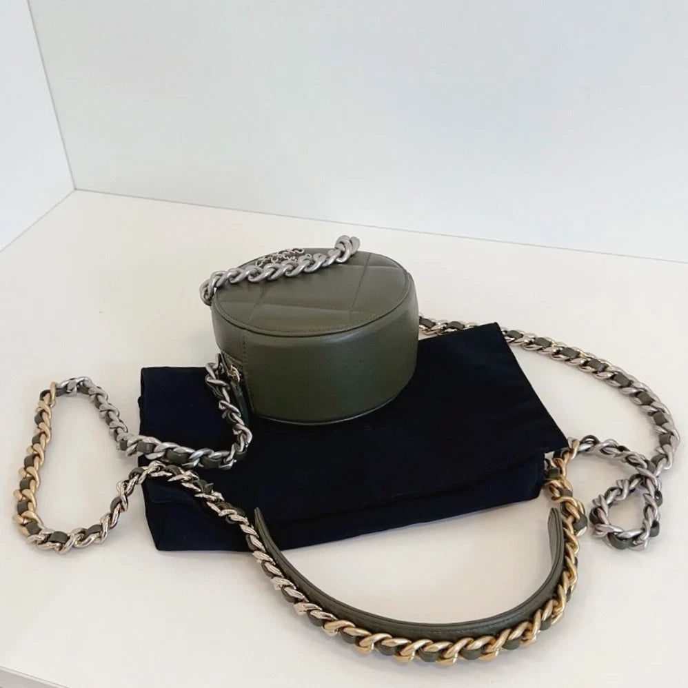 Chanel 19Bag Round Bag Chain Top Handle Shoulder Crossbody Green Gold Women