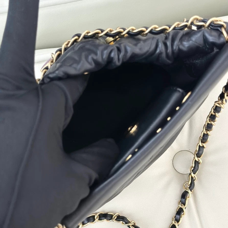 Chanel Lambskin Chain Shoulder Crossbody Bag Black Gold Women Classic S