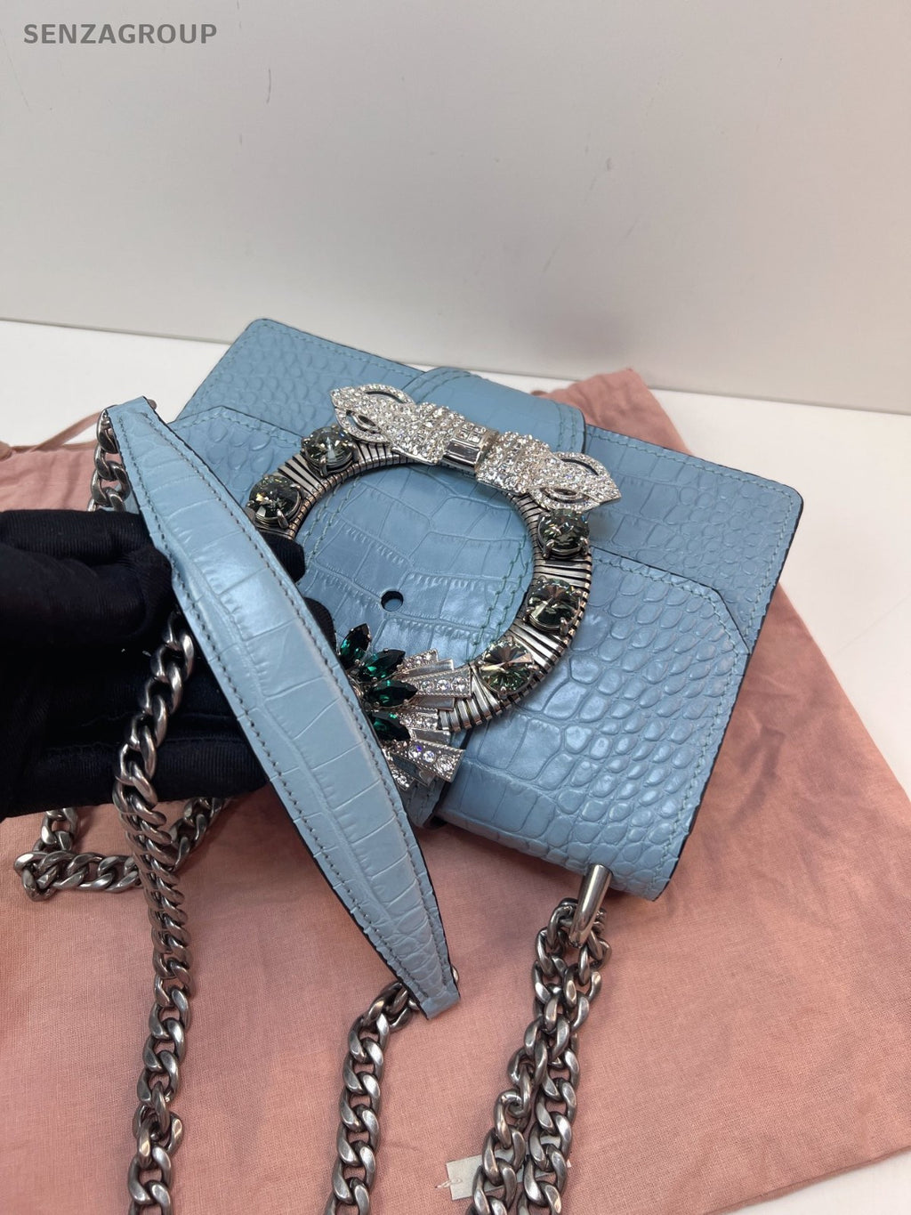 Miumiu miulady Clafskin Water Blue crystal Chain Strap Shoulder bag Brand NEW