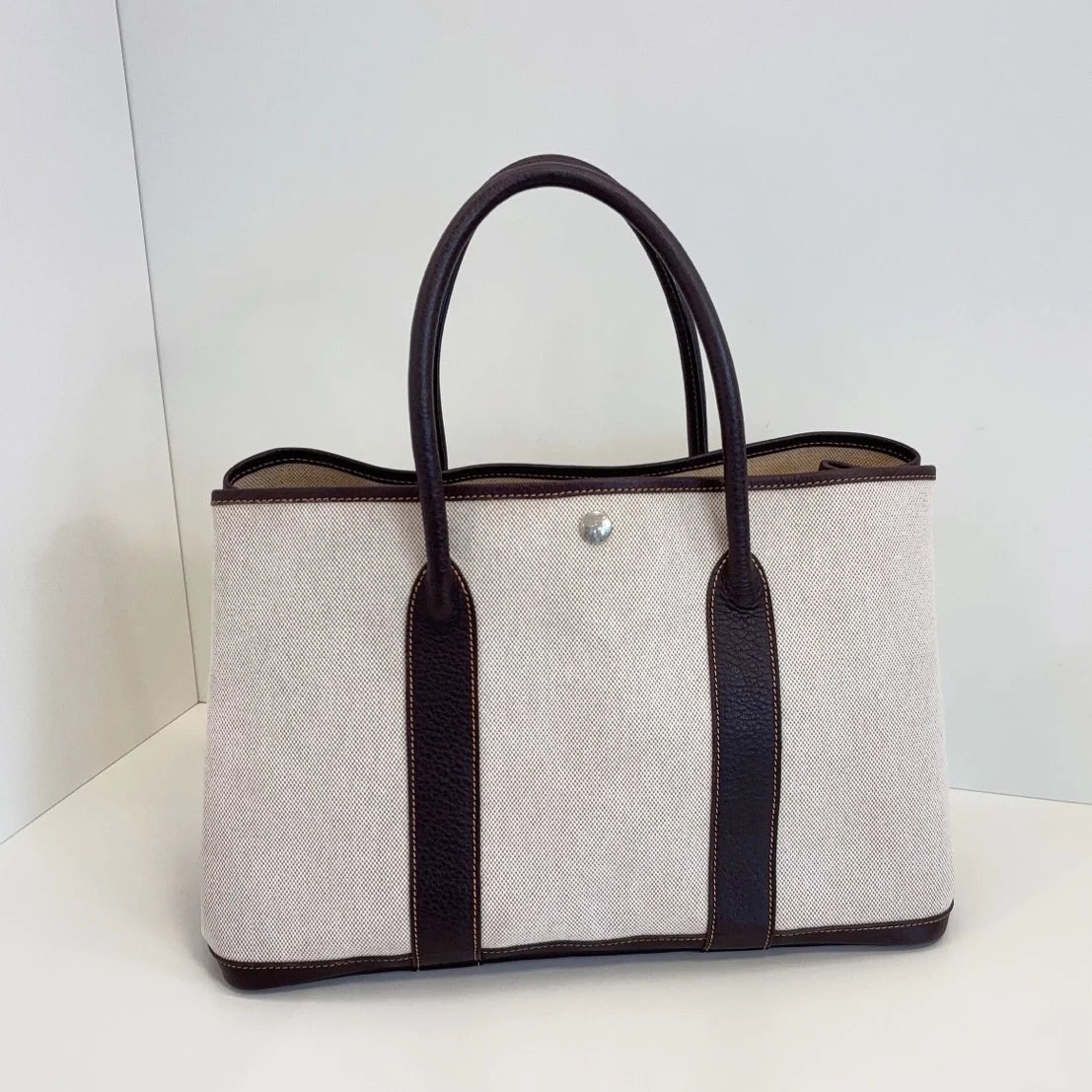 Hermes Garden Party36 Canvas Top Handle Bag White Brown Silver Women Classic