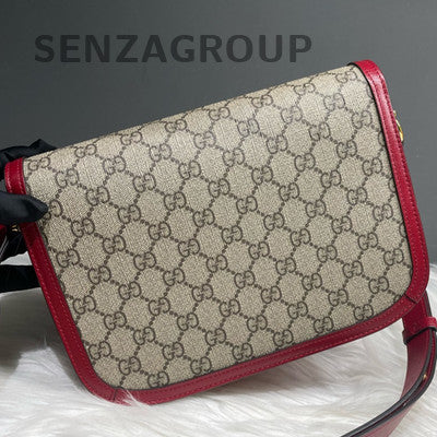 Gucci 1955 Medium GG Horsebit Shoulder Bag Red Beige Classic Women