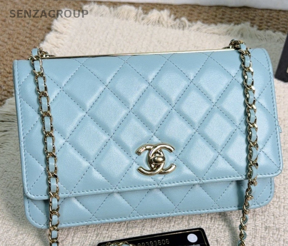 Chanel Trendy Lambskin Chain Diamond Shoulder Bag Crossbody Blue Gold Women