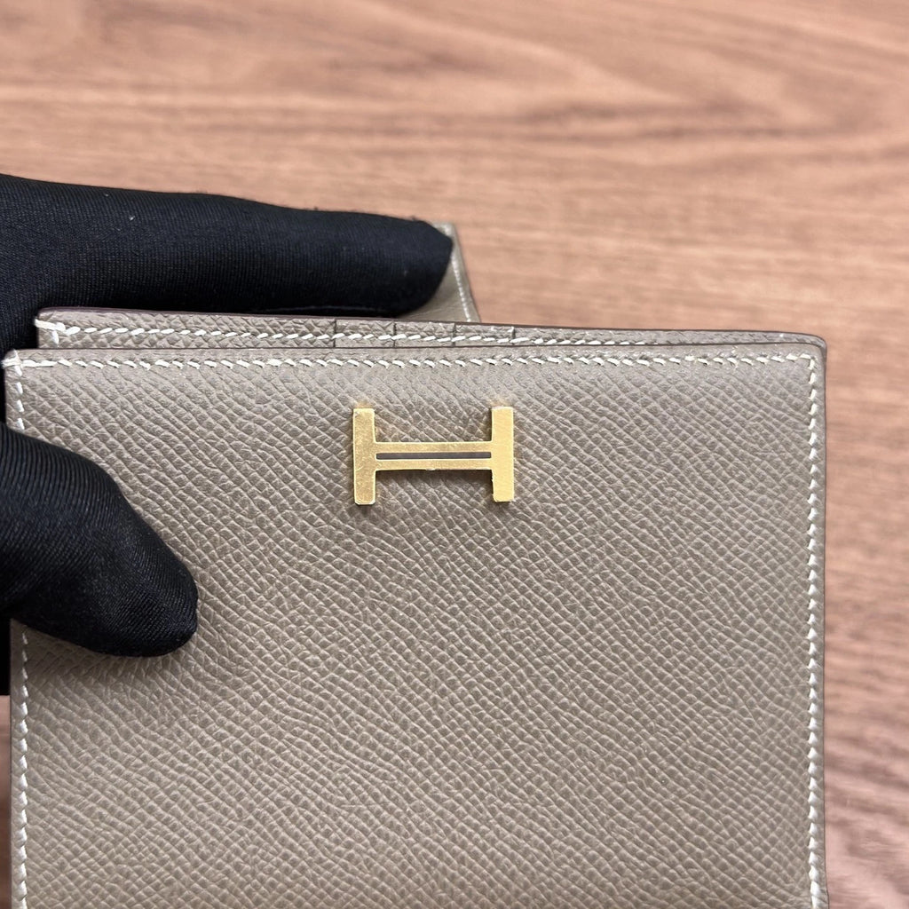 Hermes Bearn Compact Epsom Clutch Wallet Gray Gold Used Women Classic