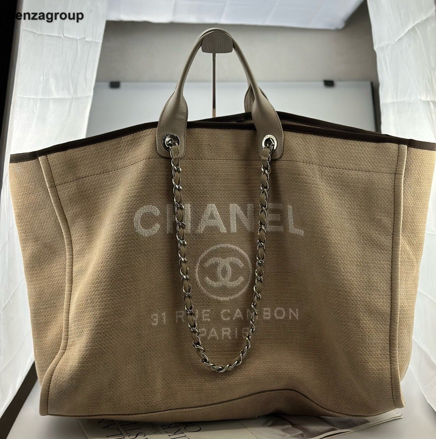 Chanel Beach Bag Tote GM Chain Top Handle Shoulder Bag Brown Gold Women Classic