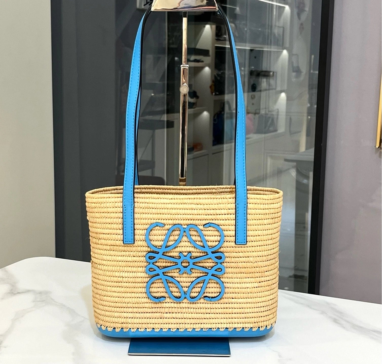 Loewe Mini Blue Straw Shoulder Bag For Women