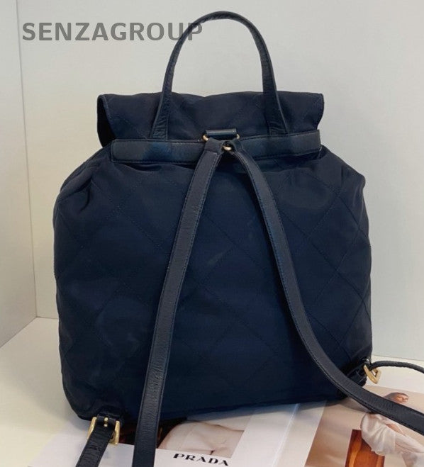 Prada Canvas Leather Drawstring Backpack Black Gold Women Classic Designer