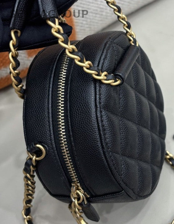 Chanel Calfskin Leather Round Chain Top Handle Bag Crossbody Black Gold Women