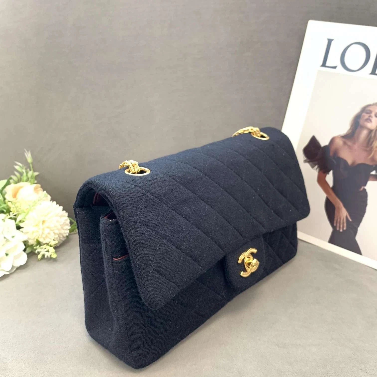 CHANEL Black Gold Canvas CF Chain Shoulder Bag For Women