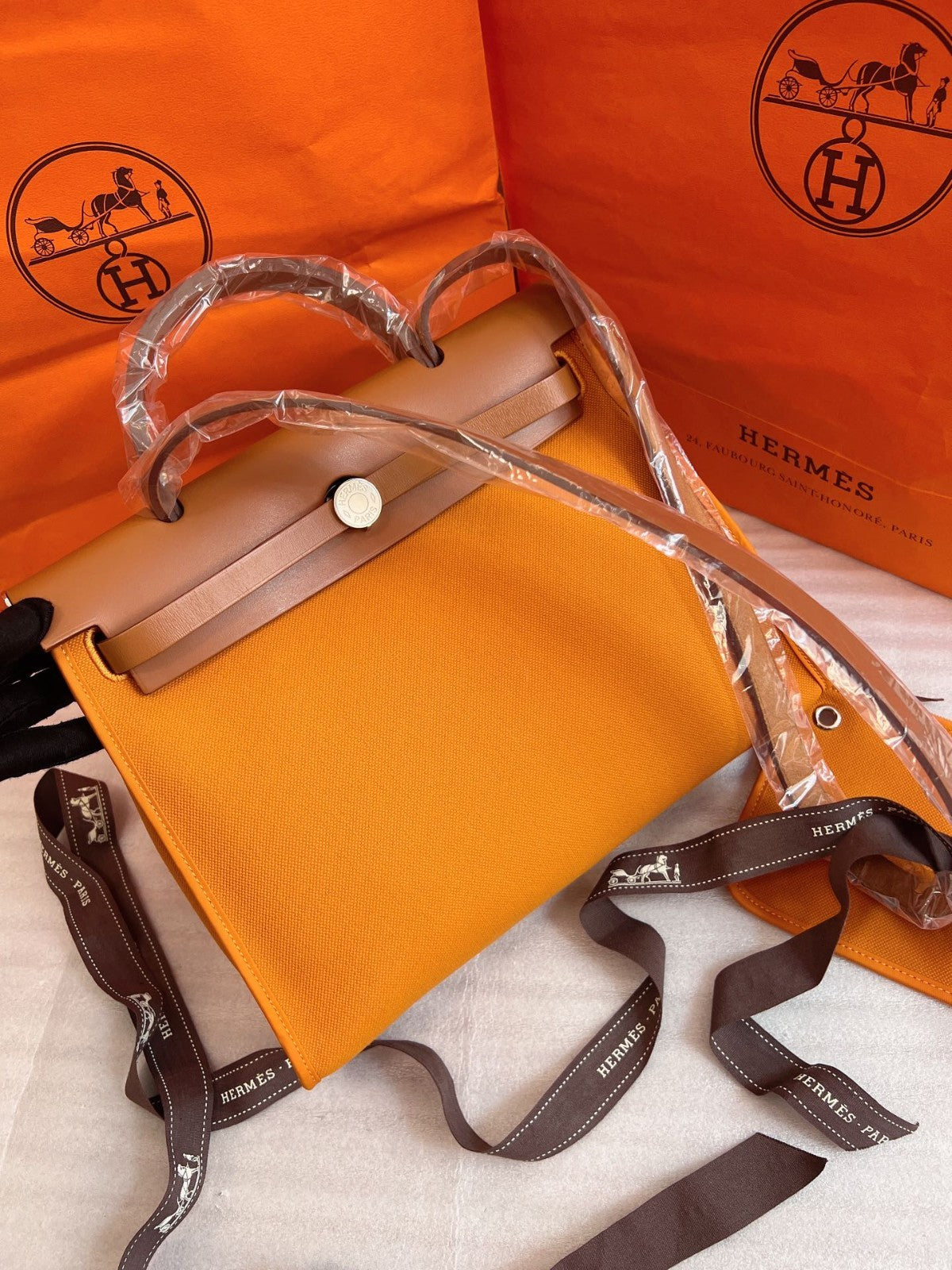 Hermes Herbag31 Top Handle 2way Shoulder Handbag Canvas Orang Brown Women