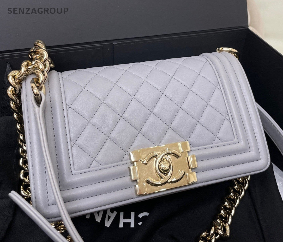 Chanel Leboy PM Chain Calfskin Shoulder Bag Crossbody Gray Gold Women Classic